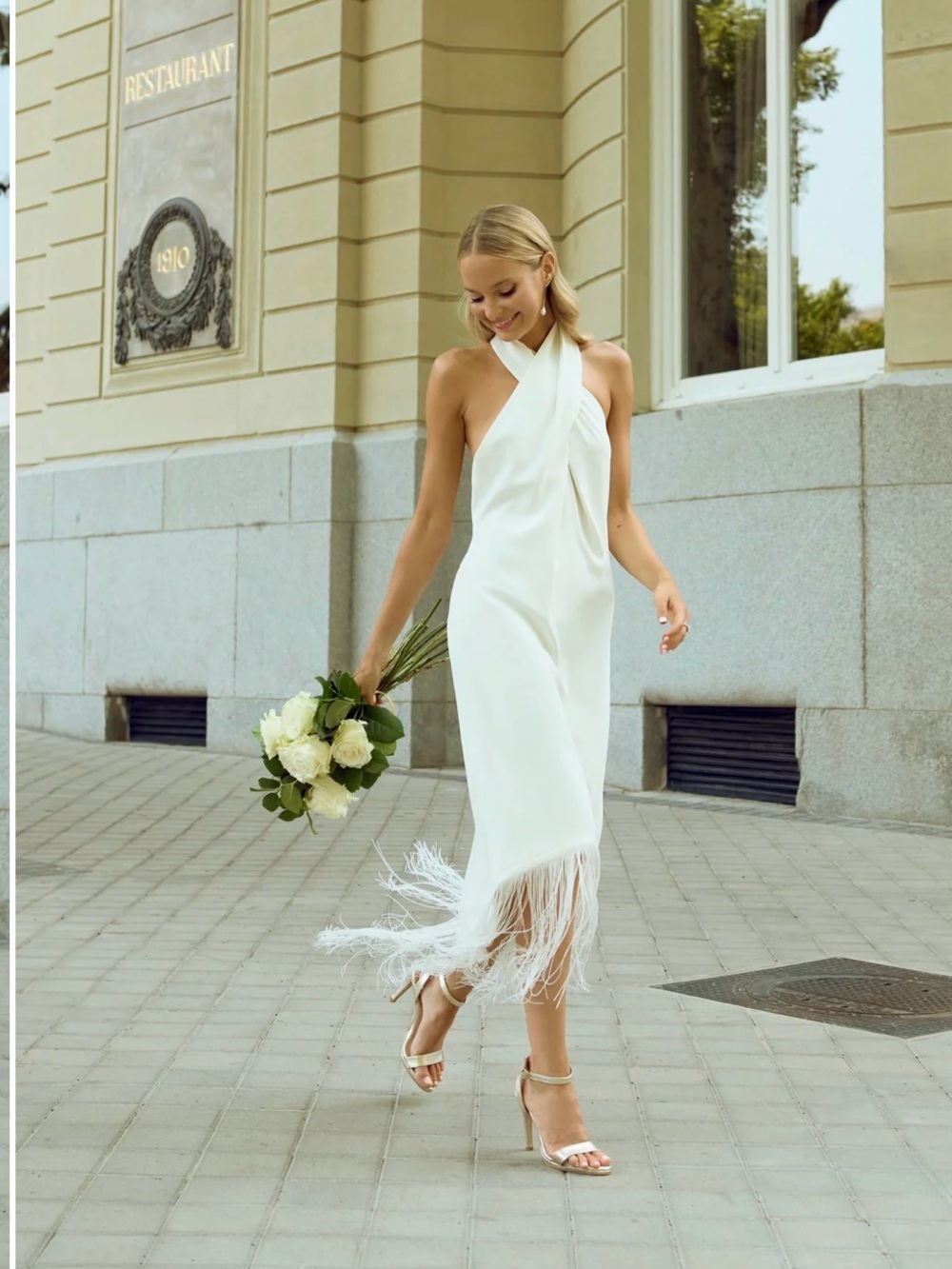 Cross-Neck White Midi Dress with Feathered Fringe